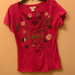 Ingenue Hot Pink Embroidered V-Neck Tee with LOVE Motif